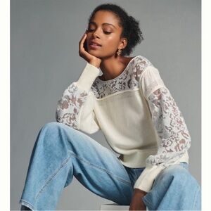 By Anthropologie Ivory Cream Balloon Sleeve Sweater with Gray Sheer Lace